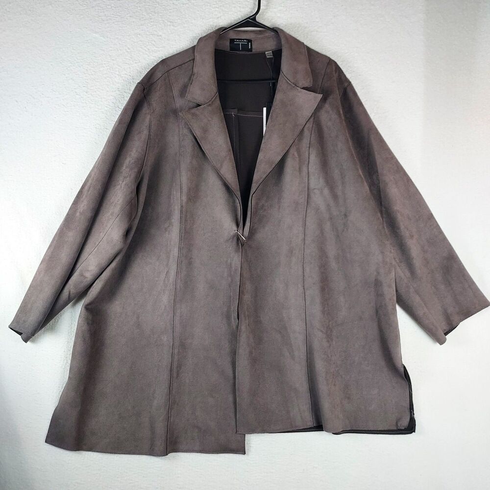 Tahari 3X Faux Leather Open Front Jacket Plus Size Topper, Ash Smoke Stretch NWT